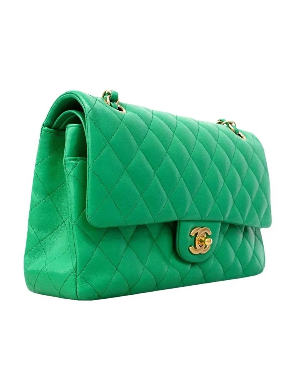 Chanel Shoulder Bag Quilted Lambskin Green Gold